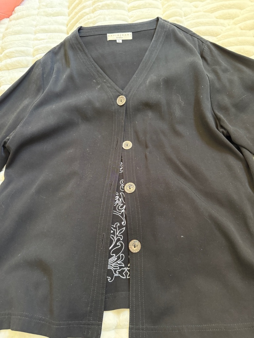 David Dart ~ Black V-Neck Button Front Blazer Jacket ~ White Stitching on Back